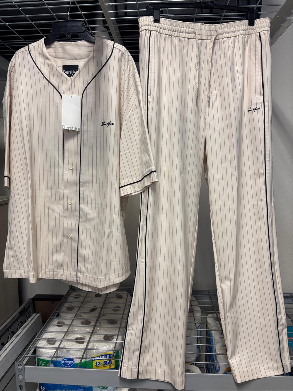 Men’s Bershka Cream W/ Gray Pinstripe Two-Piece Baseball Jersey Set New W/ Tags